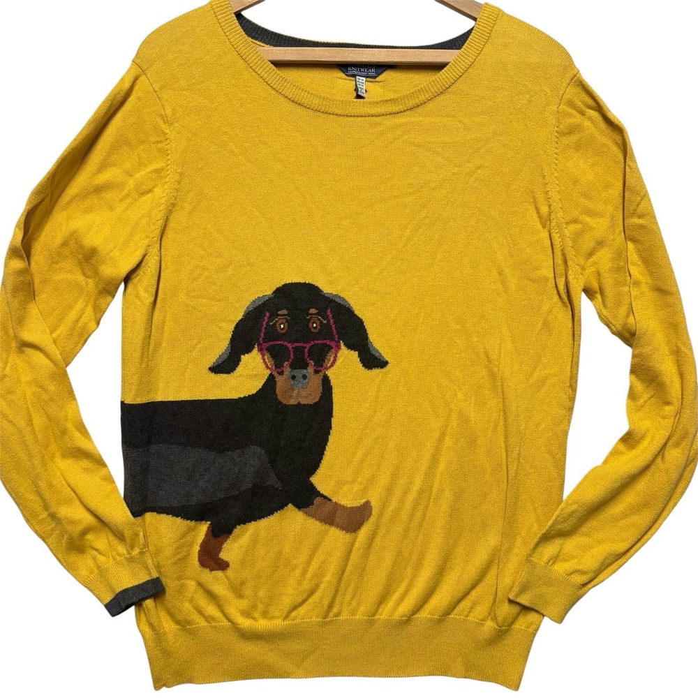 Joules Miranda Intarsia Jumper Sausage Dog Dachshund Yellow Sweater US 12 UK 16